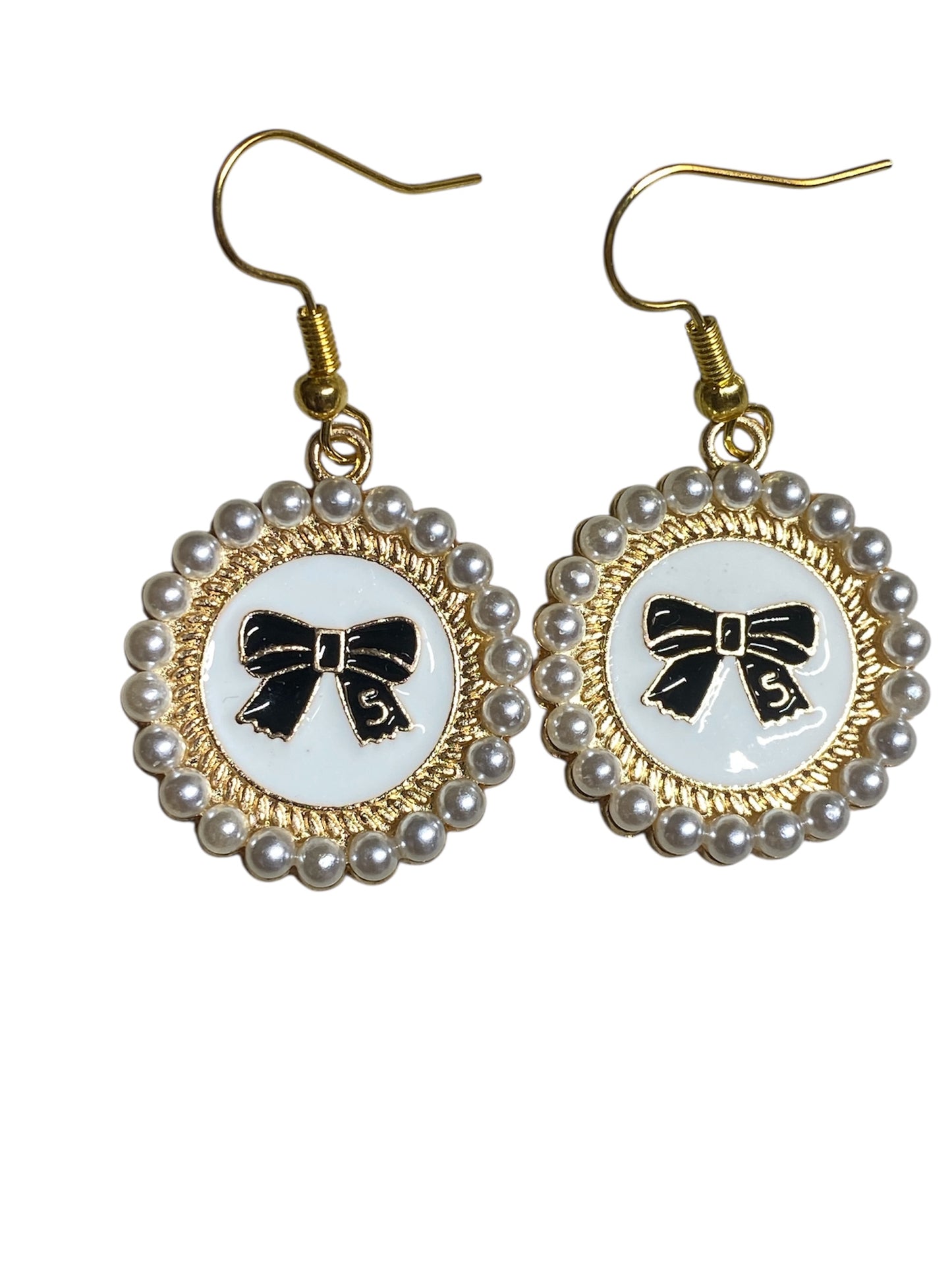 Hand-Painted Round Earrings with Bow & Mini White Beads