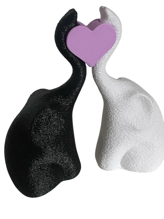 "Elegant White and Black Elephant Pair with Heart - Love and Strength Couple Figurines