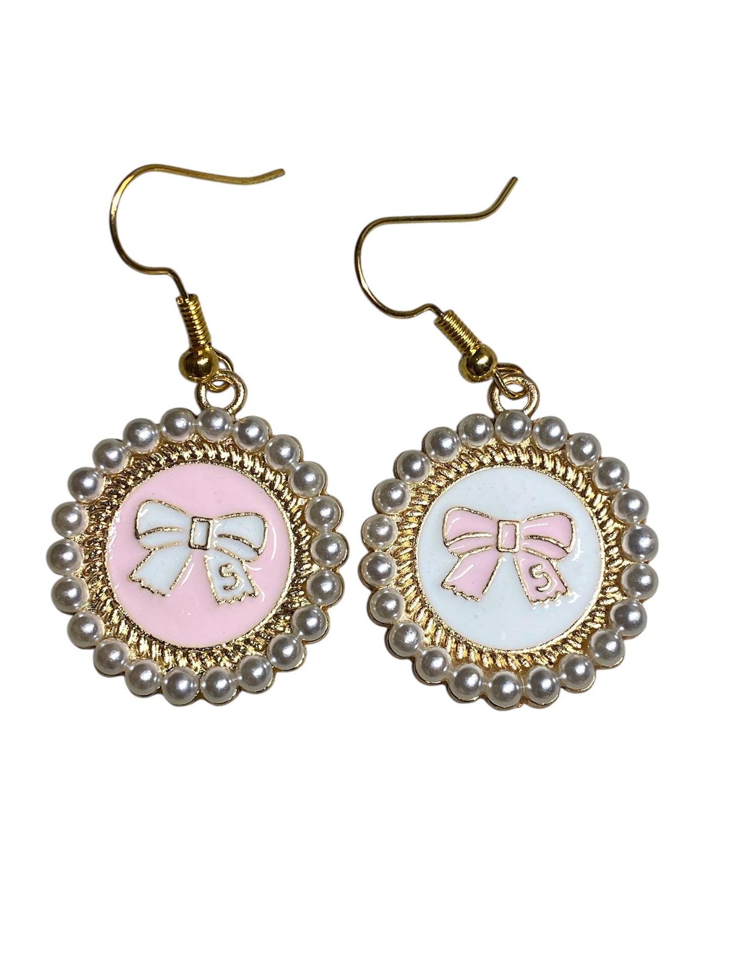 Hand-Painted Round Earrings with Bow &amp; Mini White Beads