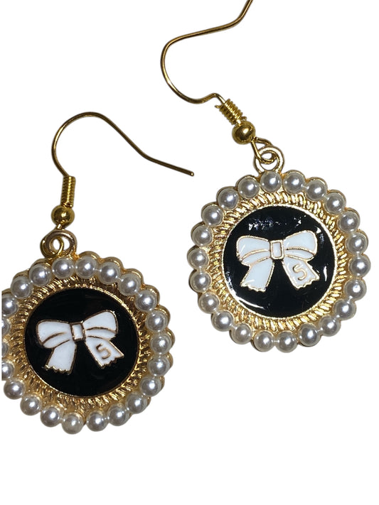 Hand-Painted Round Earrings with Bow &amp; Mini White Beads